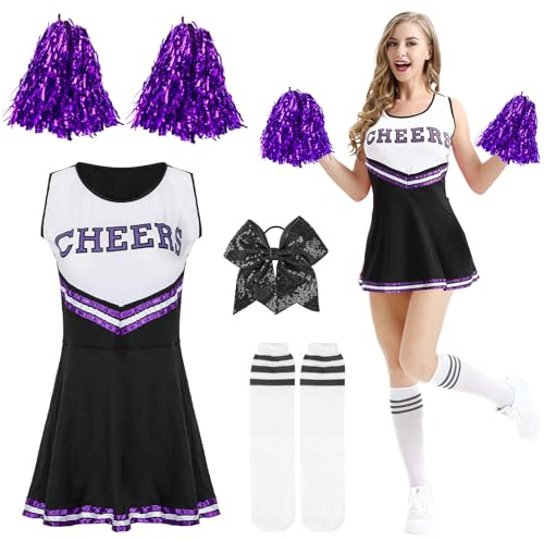 Kakamanon Cheerleader Kostüm Damen, Cheerleader Outfit Cheerleader Kostüm mit Cheerleader Pompons und Socken, Superstar Cheerleader Costume für Karneval Kostüm Damen und Partei