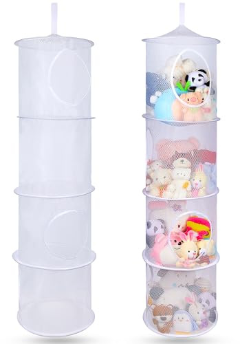 MHJY Kuscheltier Aufbewahrung Hängend Korb 2 Stück Faltbare Hängeaufbewahrung Kinderzimmer Stofftier Hängeregal Bad Spielzeug Mesh Organizer Netz Plüschtier Hängeorganizer, 4 Stufen