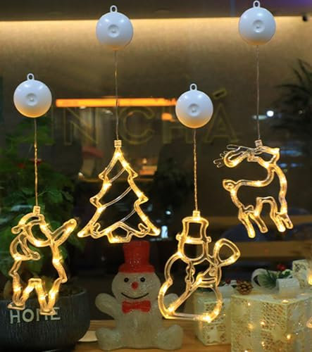 4 Stück LED Vorhang Lichterkette,Weihnachtsdeko Fensterlicht Hängend,LED Weihnachtsbeleuchtung Batteriebetriebene mit Saugnapf,LED Lichtervorhang für Innen Außen,Weihnachtsbaum Lichterkette(Kurz)