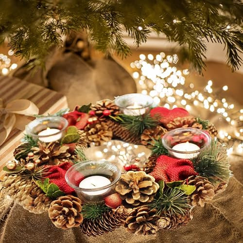 KAMACA Weihnachtskranz Dekokranz mit Deko wie Tannenzapfen Beeren und 4 Glas Kerzenhaltern Advent Weihnachten Deko Tisch (Adventskranz Adventszauber 26 x 26 x 7 cm)