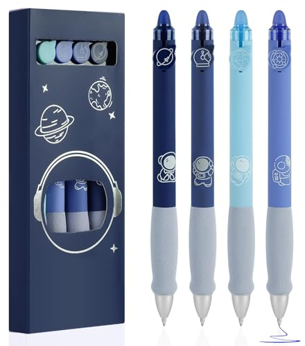 OFFCUP Bolígrafos de Gel Borrable, 4pcs Juego de bolígrafos borrables, Boligrafos de Tinta Gel Azul de 0,5mm, Bolígrafos Borrables Retráctiles de Lindo con Borrador Superior (Astronauta Azul)