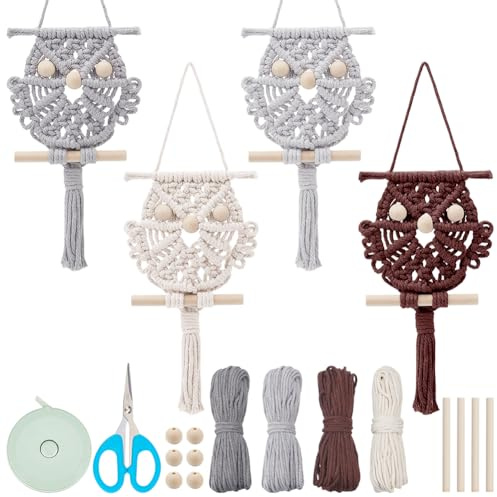 PLIGREAT 4 Sets DIY Eule Makramee Kit 4 Farben Eule Traumfänger Makramee Knoten Ornament Kit für Schlafzimmer Wohnzimmer Büro Wohnung Wandbehang Dekor Makramee Wandteppich Geschenk für Anfänger