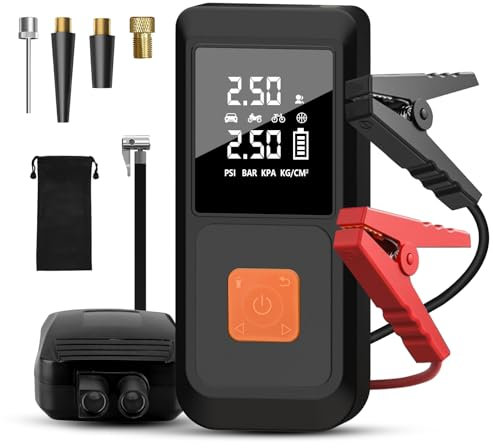 Hexinex Arrancador de Batería 12V para Coche (Gasolina/Diésel) con Compresor de Aire Portátil y Power Bank 3 en 1, Inflador Eléctrico 10000mAh con Pantalla LCD y Arranque de Emergencia, Carga Rápida