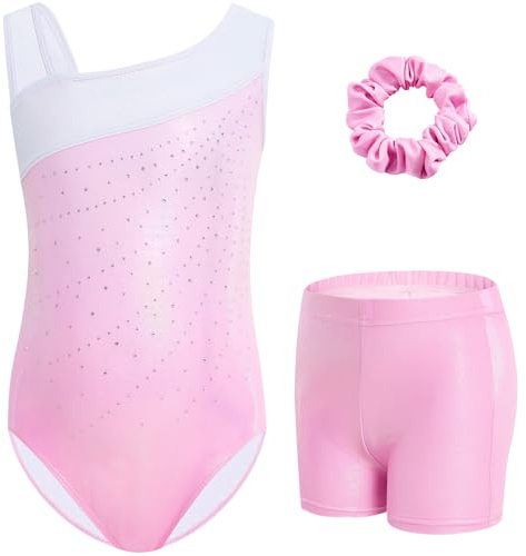 Gogokids Tredelade gymnastiktrikåer för flickor, set med ärmlös trikå, shorts och hårband, glittrande balettdansdräkter, gymnastikdräkt med tonad färgdesign, för 3–12 år, Rosa+vitt, 100(90-100 cm,3-4Y
