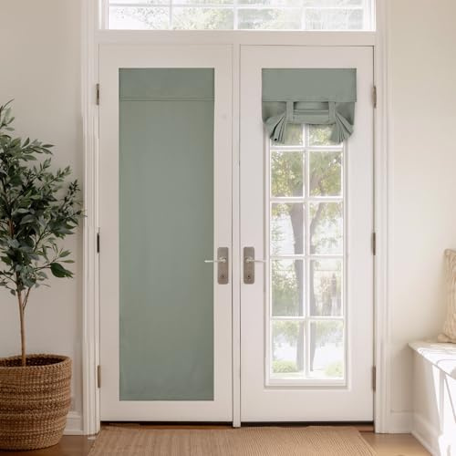 PONY DANCE Blackout Door Curtain - W34 x L80 inch Tie Up French Door Curtains Thermal Insulated Blackout Shades Sticker Room Darkening Panel for Patio/Front Door, Sage Green, 1 PC