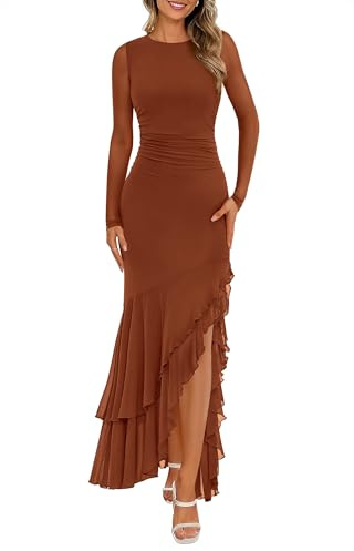 BTFBM Women's Maxi Dresses Spring 2026 Long Sleeve Ruched Bodycon Solid Ruffle Mermaid Cocktail Wedding Guest Dress(Caramel,Large)