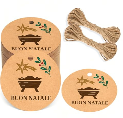 G2PLUS Braun Weihnachtsbaum Geschenkanhänger mit Buon Natalel: 5cm Papier Weihnachtsanhänger mit Schnur, 100 Stk