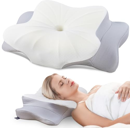 DONAMA Ergonomisk nackkudde för nacke och axlar, minneskudde för sido-, rygg- och magsovare, nackkudde med örngott, 70x42x11/14 cm, Grå Vit