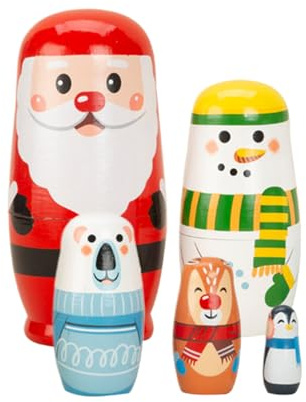 szaluyk Matroschke Weihnachten | 5 Stück Holz Stapelspielzeug Für Weihnachten - Weihnachtsmann Elch Steckspielzeug | Für Mädchen Kinder Erwachsene Geschenk Party
