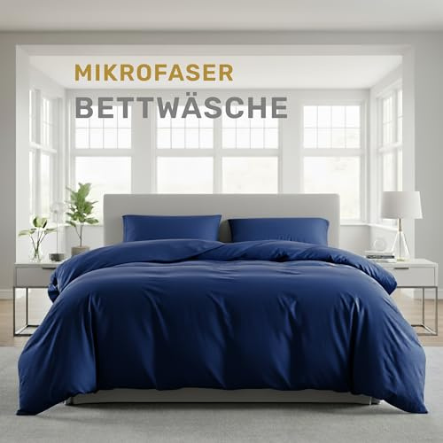 Lavea® Bettwäsche 155x220 cm, 2-teilig, 1 Bettbezug 155x220 cm, 1 Kissenbezug 80x80 cm, Mikrofaser, weich, atmungsaktiv, pflegeleicht, hypoallergen, Markenreißverschluss, Bettwäsche-Sets Navyblau