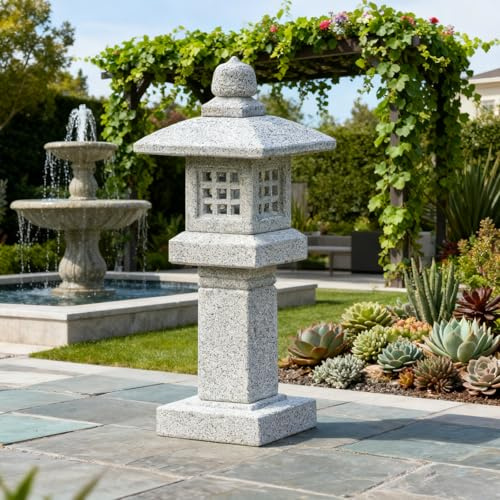 Natural Granite Stone Lantern, Japanese Garden Pagoda, Handcrafted Traditional Stone Lantern, Suitable for Garden, Patio, Zen Landscape Decor (Height 25 x Width 10 inches)