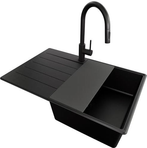 PRIMAGRAN Fregadero Granito al Mueble 50cm + Grifo, 78x50cm | Set: Grifo BW9010 + Kit de desagüe + Tabla de Cortar + Copenhague Top 1 Seno para Cocina, Todo Negro