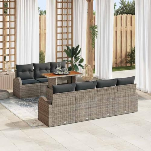 QZZCED Set da pranzo da giardino moderno con cuscini e tavolo, 4 divani a braccio e 3 posti centrali con stoccaggio, materiale polyrattan e acciaio verniciato a polvere