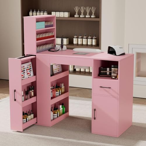 GOFEI Professional Nail Desk for Nail Tech with Storage Cabinet and Fan – Modern Nail Table for Salon, Nail Tech Table with Drawer, Armrest & Dust Collector,Manicure Table Nail Desk (Pink)