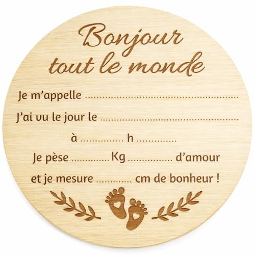 Carte Bienvenue Bébé Rond en Bois, Informations Naissance Français, Motif, Taille, Vernis au Choix Personnalisable, Panneau Séance Photo Naissance, Pancarte Annonce Nouveau-né, Souvenir