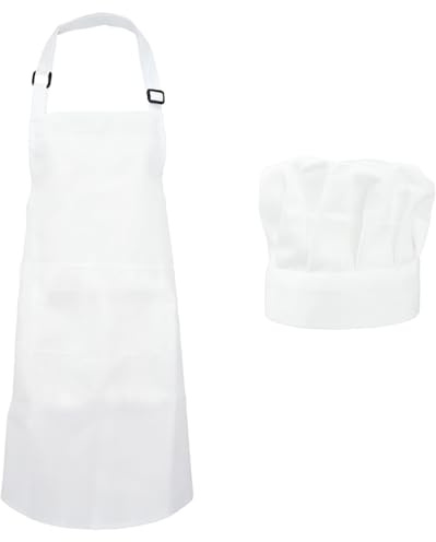 Wriligel Set Grembiule Cucina Bianco e Cappellino Cuoco, Poliestere Impermeabile Regolabile con Tasche, Costume Pasticcere per Uomini e Donne, Cucina Ristorante Pasticceria
