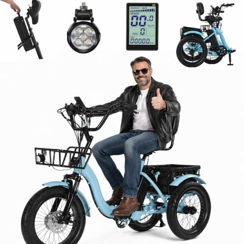 ZRLYbau Tricycle Electrique Pliable pour Adultes Seniors 18 Pouces Velo Trois Roues Acier Carbone Moteur 350W Batterie 48V 13Ah Amovible 7 Vitesses avec Panier Cargo pour Courses Shopping Blue