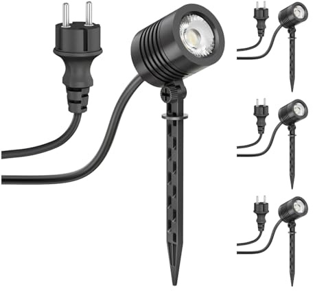 ledscom.de 4 piezas Foco LED pequeño de jardín con piqueta de suelo TARL para exteriores, IP65, enchufe, negro, 4,1 W, 351lm, blanco frío