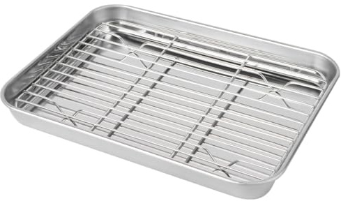DOITOOL Bakpanna non-stick 2 delar en uppsättning rektangulär bakbricka dräneringsolja med gallerställ rostfritt stål bakplåt med avtagbart kylställ (23 x 17 x 2,5 cm)