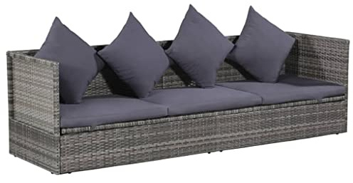 vidaXL Terrassen-Couch, Sonnenliege mit Kissen, Sonnenliege mit verstellbarer Rückenlehne und Fußstütze, Terrassenmöbel für Veranda, Hinterhof, graues Polyrattan