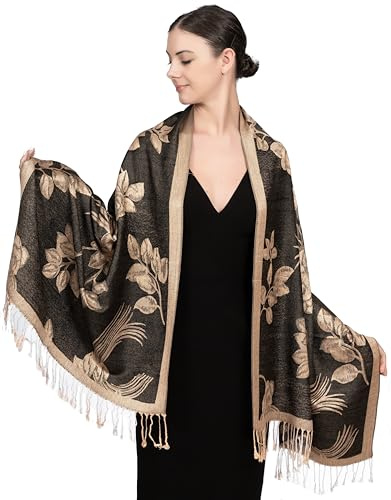 Achillea Pashmina damhalsduk, Blommönster, svart och guld, 28W x 76L