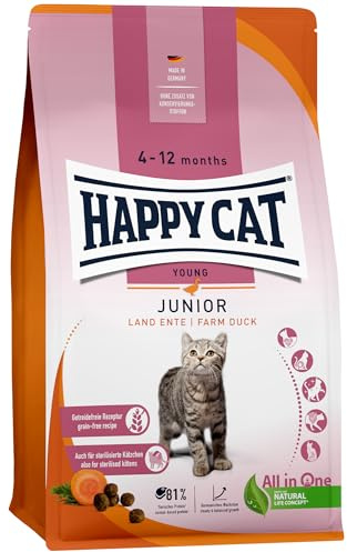 Happy Cat Young Junior Katzenfutter Ente getreidefrei Jungkatzen, 4 kg | Getreidefreies Junior-Trockenfutter mit Ente, 4. bis 12. Monat, 81 % tierisches Protein, auch für sterilisierte Kätzchen