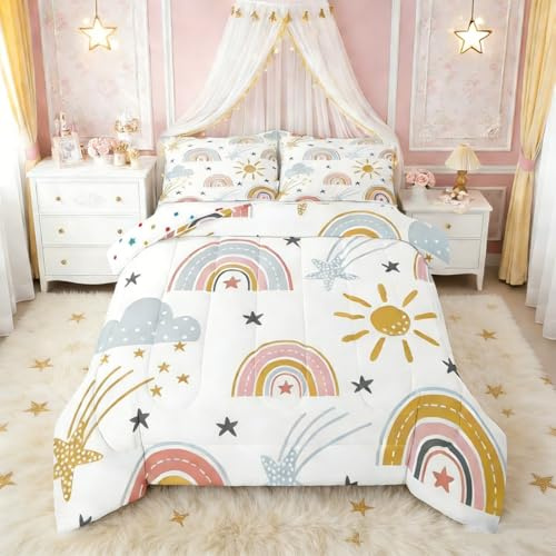 Erosebridal Girls Rainbow Bedding Set, Sun and Stars Comforter Set Twin for Kids Boys Children Cartoon Cloud Bedding Comforters Girly Soft Microfiber Machine Washable Duvet Insert for Bedroom Decor