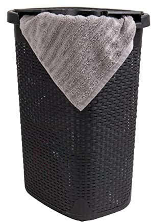 Mind Reader 60L Slim Laundry Hamper, Clothes Basket, Lid, Wicker Design, Plastic, 17.65L x 13.75W x 24.15H, Black