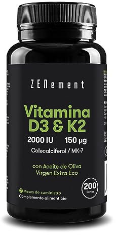 Vitamin D3 + K2, 2000 IU & 150 µg MK-7, 200 Weichkapseln | mit Bio-Extra Natives Olivenöl | Knochen, Muskeln und Immunsystem | 100% natürliche Zutaten | Zenement