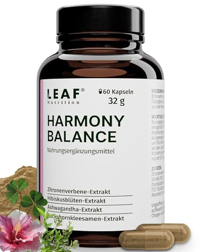 LEAF HARMONY BALANCE Kapseln Frauen – Meno Komplex Wechseljahre mit Ashwagandha, Zitronenverbene, Vitamin B6 zur Regulierung der Hormontätigkeit – 60 vegane Kapseln, made in Germany