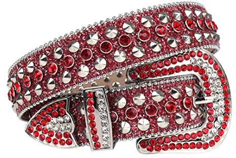 Modischer Western-Nietengürtel, Cowboy-Cowgirl-Strass, schwarzer Riemen mit goldfarbenen Nieten, für Damen, Herren, für Jeans, Cinturones, Para, Mujer, rot, 111,8 cm