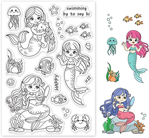 GLOBLELAND Meerjungfrau Klare Stempel Sommer Ozean Fisch Korallen Krabben Algen Silikon Klare Stempel Siegel für Karten Basteln DIY Scrapbooking Fototagebuch Album Dekoration