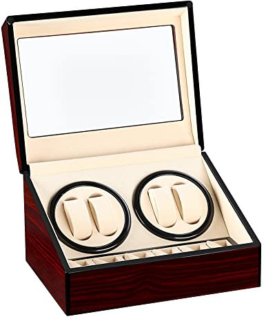 DRAIGERWAY Automatische Uhrenbeweger Box PU Leder Uhrengehäuse mit leisem Motor Batteriebetrieb oder Netzteil für Automatikuhren (Korn aus Sandelholz-DGW)