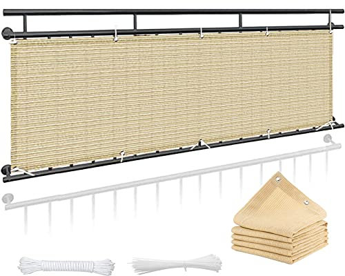 Balkonabdeckung 90 x 850 cm UV-Schutz 100% Privatsphäre Schattiernetz Balkonschutz mit Ösen und Kordel für Balkongeländer Terrasse, Creme Farben