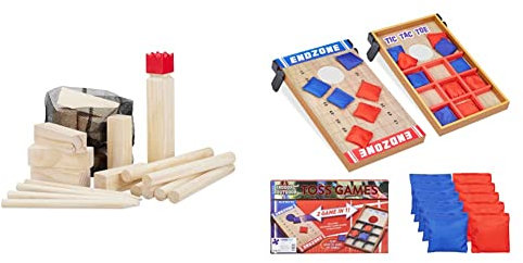 Relaxdays Wikinger Wurfspiel aus Kiefernholz, Natur Kubb Wikingerspiel, roter König, groß, Gartenspielzeug mit Tasche & 10022795 Wurfspiel 2 in 1, Cornhole & Tic Tac Toe, 10 Bean Bags