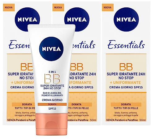 NIVEA Essentials BB Cream Pigmentierte Tagescreme, super feuchtigkeitsspendend, 24 Stunden, No Stop SPF 15, gleichmäßig, aufhellend mit Jojoba-Öl und Mineralien, goldener Farbton für alle Hauttypen, 3