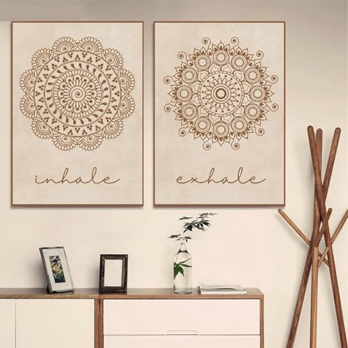 MHLCMG Leinwand Malerei Mandala Yoga Beige Inhale Exhale Bilder Wandkunst Minimalistisches Poster Kunstdruck Bild Wand Wohnzimmer Schlafzimmer Dekor Kein Rahmen (2X30X40CM,1)