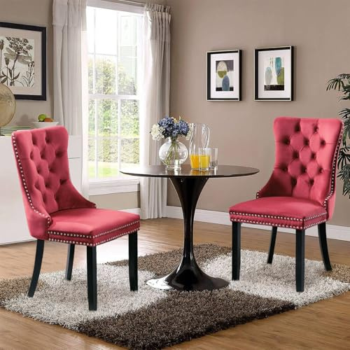 SoarTalent Velvet Upholstered Dining Chairs Set of 2, Modern Style Kitchen Side Chairs with Nailhead Trim and Wood Legs,Metal Pulling Ring for Dining Room Living Room(Wine Red,Set of 2)