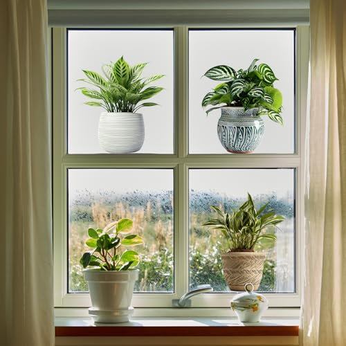 Tanlaby Pflanzen Topf Fensterbilder Sommer Frühling Fensteraufkleber Tropische Grüne Topfpflanze Fenstersticker Anti-Kollision Glas Fenster Glastüren Fensterdeko Küche