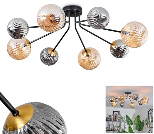 HOFSTEIN Deckenleuchte Chehalis, Deckenlampe aus Metall/Riffelglas in Schwarz/Gold-/Rauch-/Bernsteinfarben, Leuchte im Retro/Vintage-Design mit Schirmen aus Glas (Ø 12 cm, 15 cm), 8 x G9