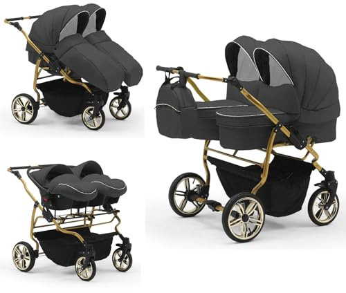 Zwillingskinderwagen 4 in 1 Duet Lux Goldedition inkl. Autositze - 13 Teile - in 20 Farben