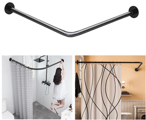 Sikaiqi Stretchig 304 rostfritt stål L-formad duschdraperistång, justerbar (svart, 60–92 cm x 60–92 cm), 90° böjd, borrfri installation, rostfri och stabil, inget hängande – perfekt för badrum