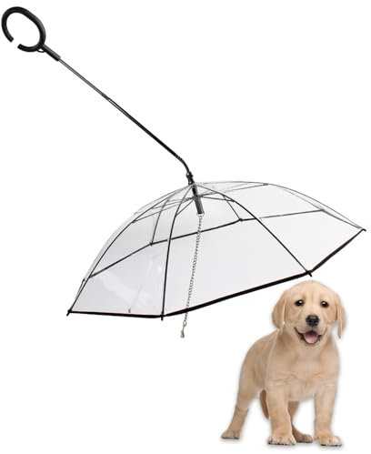 Duuclume Regenschirm für Hunde mit Leine, regenfest, schneefest, Haustier-Regenschirm mit Kettenleine und extra langem Griff für regnerische Tage, verstellbarer, faltbarer Regenschirm für Hunde