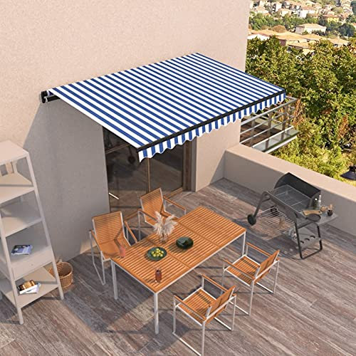 Gelenkarmmarkise Einziehbar, LAPOOH Sichtschutz Balkon, Seitenmarkise, Balkon Markise, Klemmmarkise, Sonnenvorhang, Balkonmarkisen, 400x350 cm Blau und Weiß