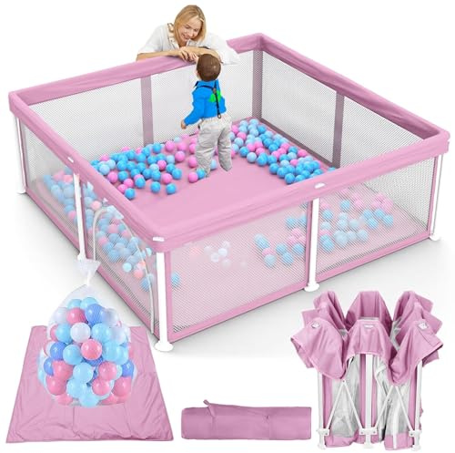 TOREVSIOR Foldable Baby Playpen with Mat, 50×50 Collapsible Playpen for Babies and Toddlers, Indoor & Outdoor Kids Safety Play Pen, Portable Play Yard, Foldable Baby Play Pen with 50 Ocean Balls