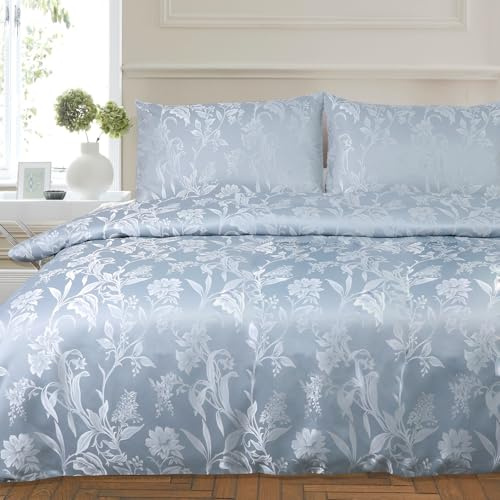 Duck Egg Blue Duvet Cover Floral Duvet Sets Double Bedding Set Luxury | Light Blue Duvet Sets, Textured Jacquard Flower Blossom Spring Summer Fresh Leaves Cottage Botanical Branches