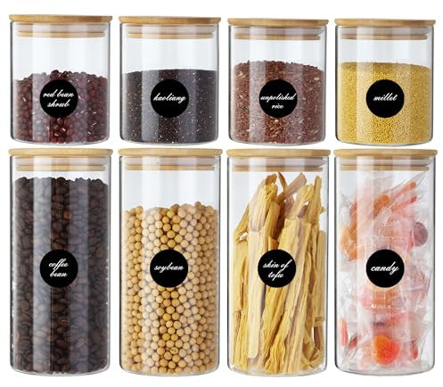 BUCOMTU 8 Barattoli Di Vetro, barattolo di stoccaggio con coperchio in legno, barattolo di stoccaggio della cucina per conservare cereali, dadi, 4 x 900 ml + 4 x 500 ml