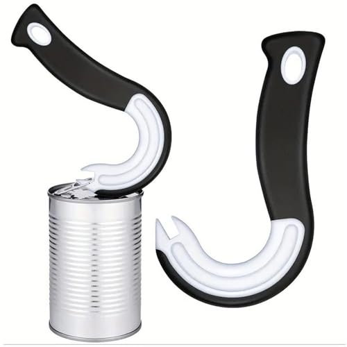 2 pcs Ring Pull Can Opener Tin Opener for Arthritis Hands J Shaped Kitchen Aid Opener Manual Pull Helper Hook Can Opener Locking Rings Opener Opens Cans with Ease for Elderly Weak Hands (Black)
