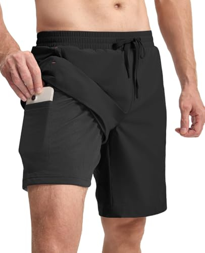 donhobo 2-i-1-badbyxor för män med kompressionsliner, 9 tum, stretch, badshorts, snabbtorkande, ventilerande boardshorts för män, elastiska träningsshorts med dragkedjefickor, svart, M