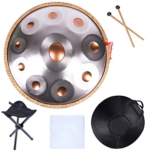 22 Handpan Drum Instrument in D Minor with Bag Tripod Professional Steel Hand Pan Drums for Audio Production 10 Notes D3 A Bb C D E F G A